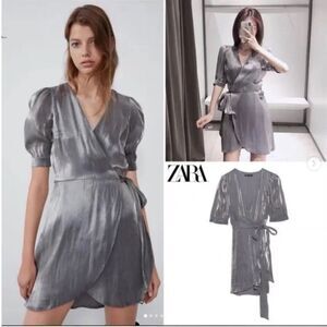 Zara Metallic Silver Laminated Pewter Wrap Mini Dress